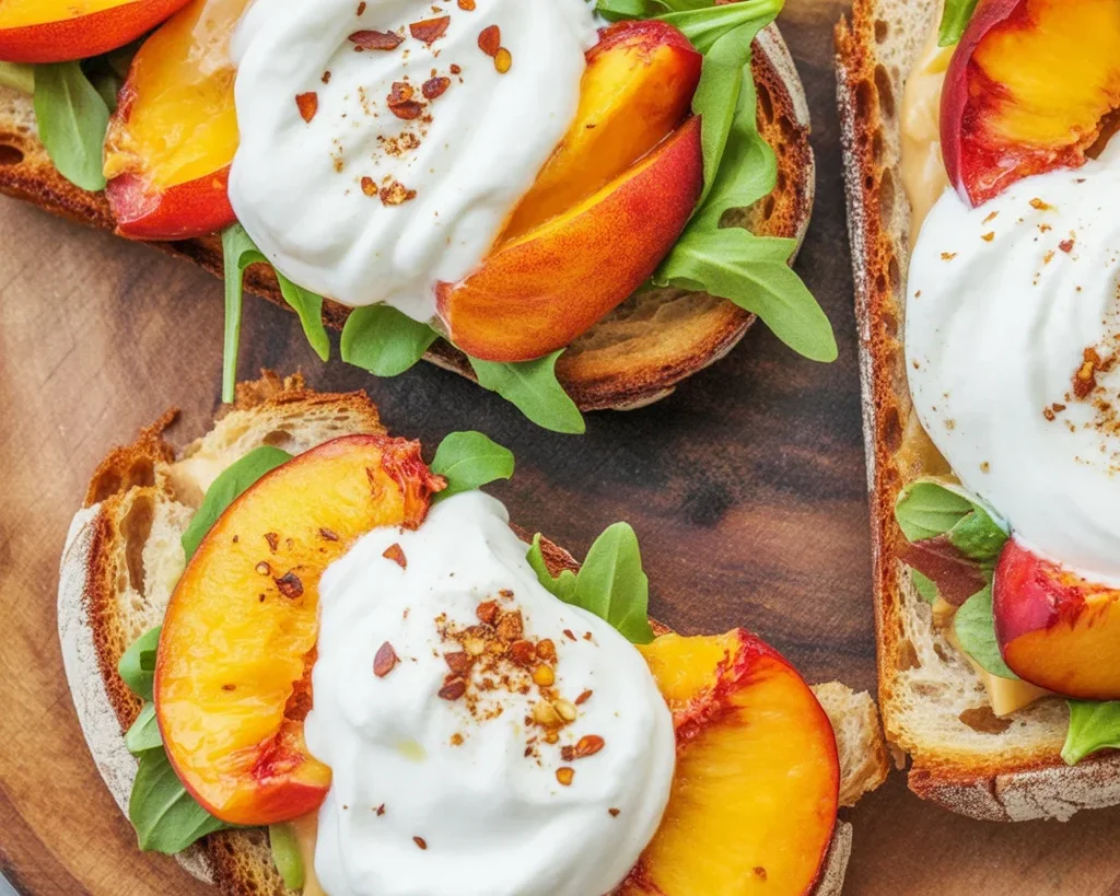 Bruschetta z awokado, burratą i karmelizowanymi brzoskwiniami na talerzu.