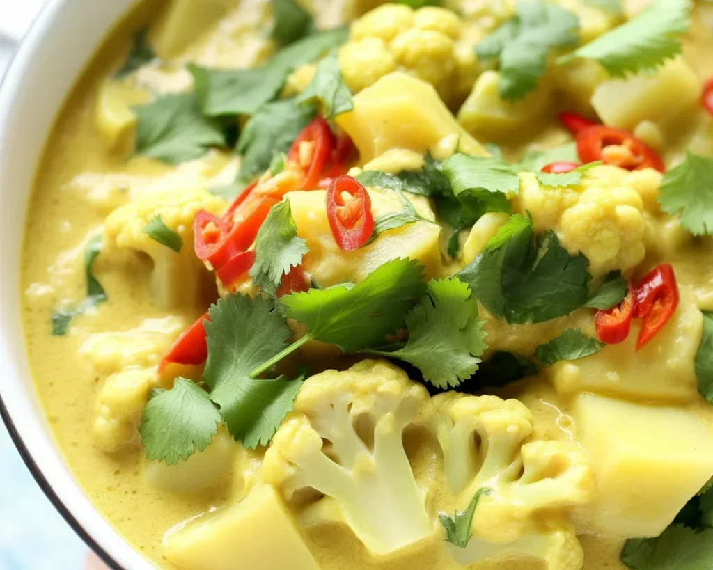 Curry warzywne z ziemniakami, kalafiorem i szpinakiem na talerzu