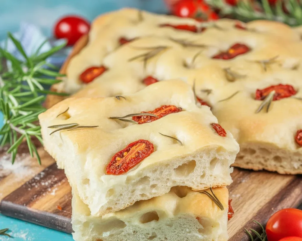 Pyszna focaccia z pomidorkami koktajlowymi, czosnkiem i ziołami, idealna na przekąskę.
