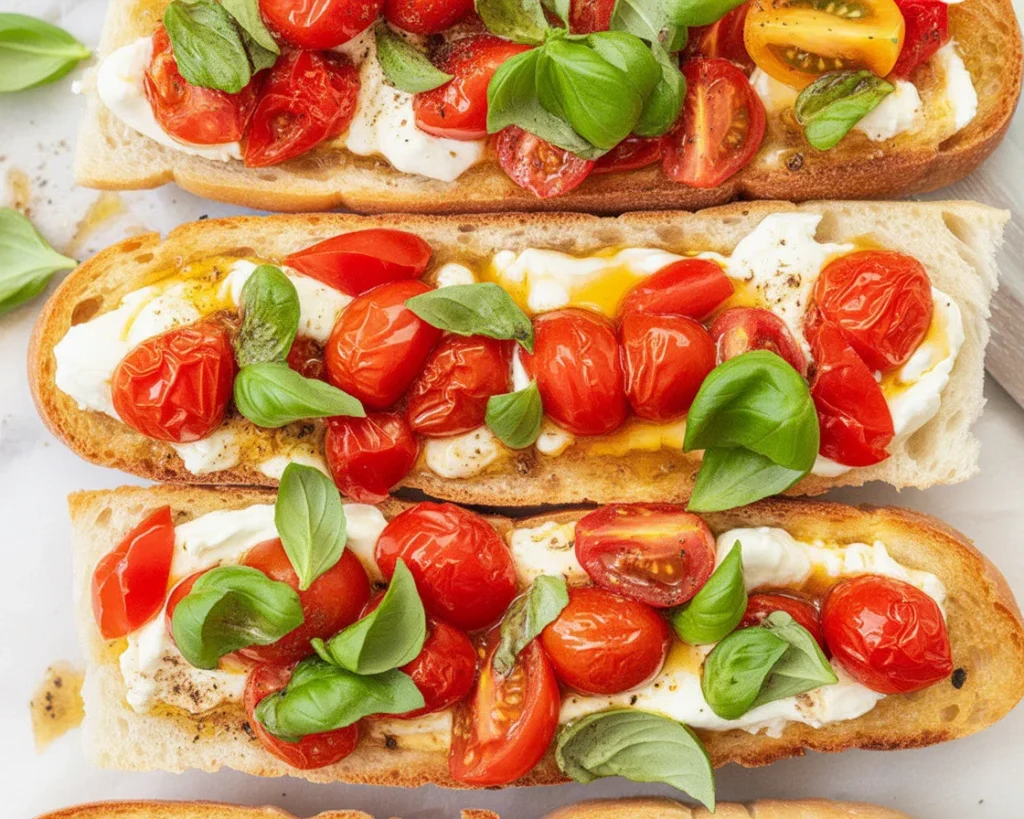 Grzanki z burratą, pieczonymi pomidorkami i świeżą bazylią na talerzu.