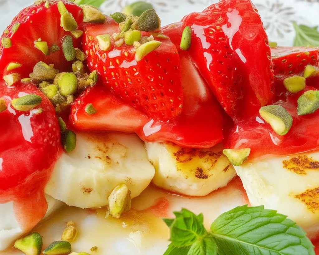 Halloumi z salsą truskawkową i pistacjami na talerzu jako przystawka