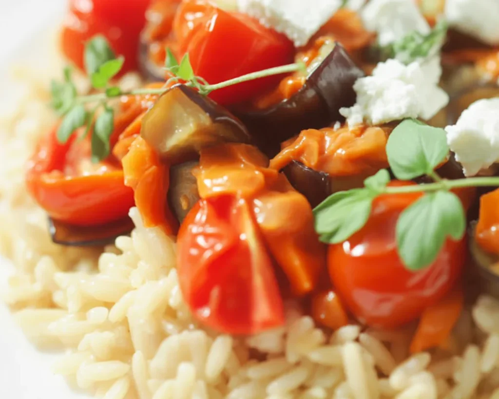 Kasza bulgur ze smażonym bakłażanem, pomidorkami i fetą na talerzu