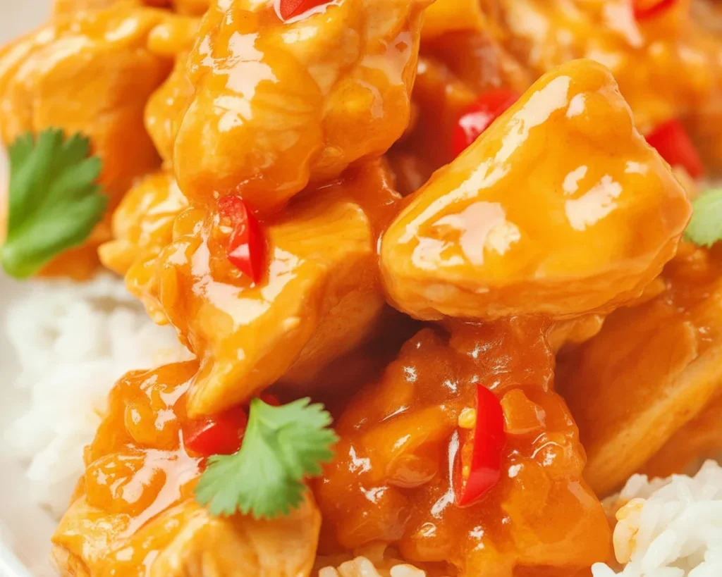 Kokosowy kurczak w słodkim sosie chili na talerzu z dodatkiem ryżu
