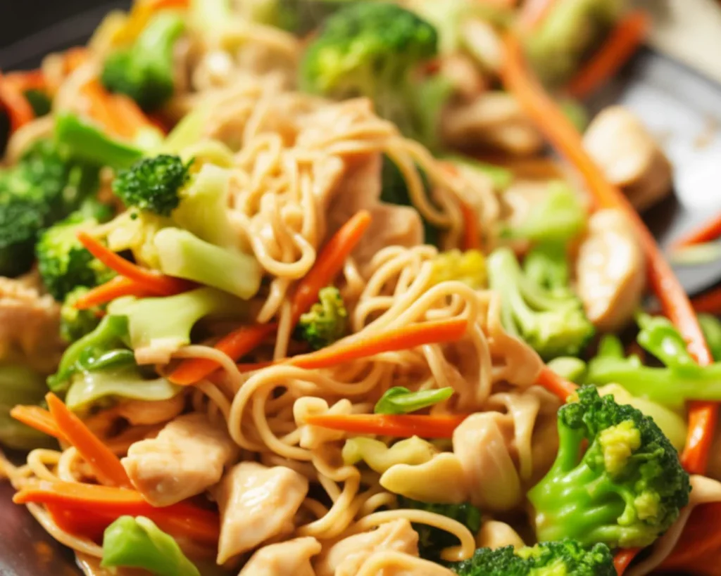 Makaron stir-fry z kurczakiem, brokułami i marchewką w sosie sojowym podany w czarnej misce.