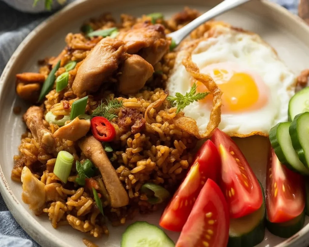 Nasi goreng - indonezyjska smażona ryż z kecap manis i umami, podana na talerzu.