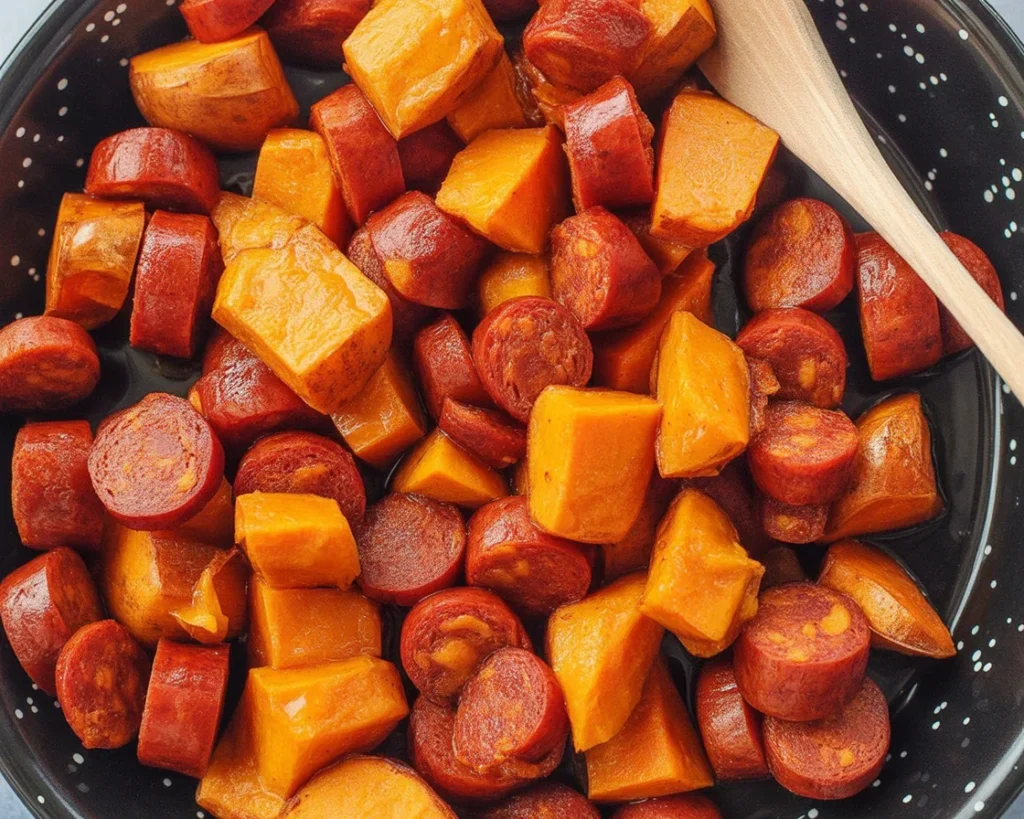 Bataty z chorizo na talerzu, aromatyczne danie z kiełbasą hiszpańską.