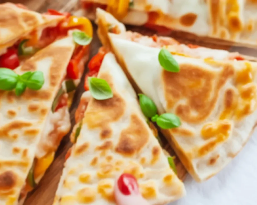 Pizzadilla z salami i papryką, tortille z serem i warzywami na talerzu