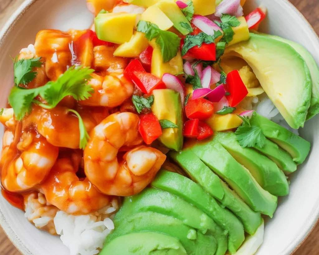 Poke bowl z krewetkami sweet chili, ryżem, awokado i sosem sweet chili