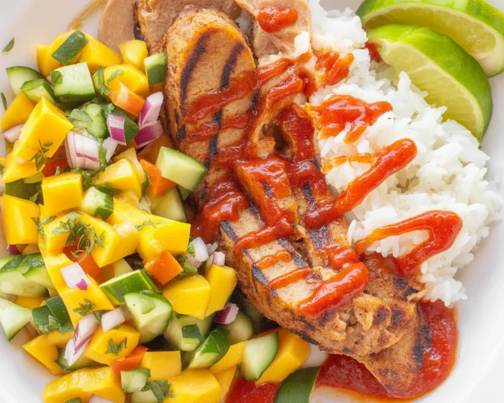 Polędwiczka wieprzowa z ryżem i salsą mango w stylu bowl