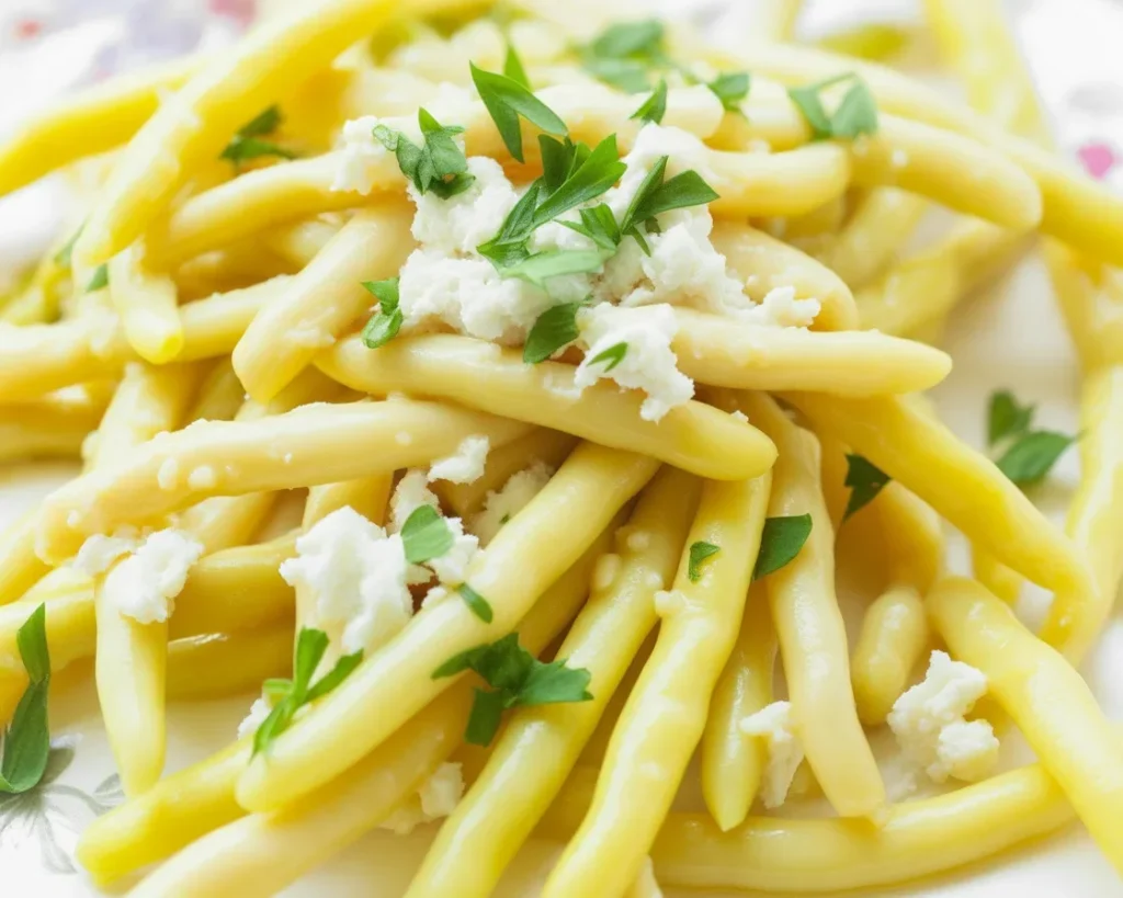 Smażona fasolka szparagowa z serem feta i pomidorami na talerzu.