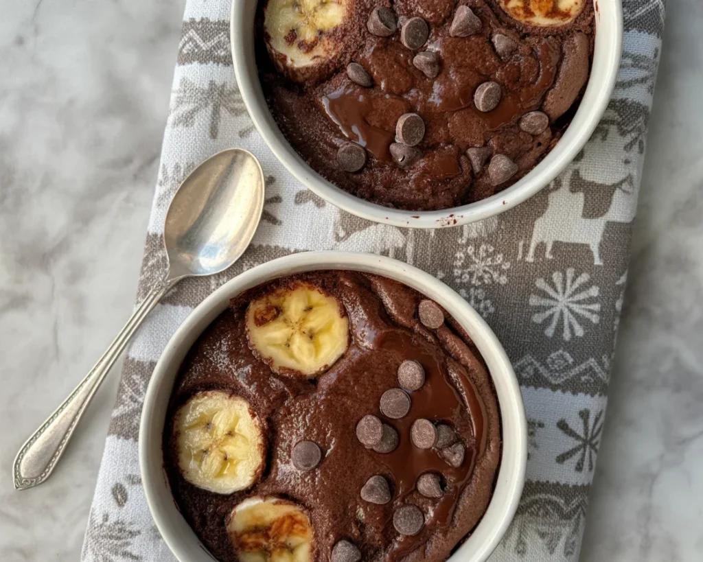 Pyszna pieczona owsianka brownie z czekoladą i owocami na talerzu.