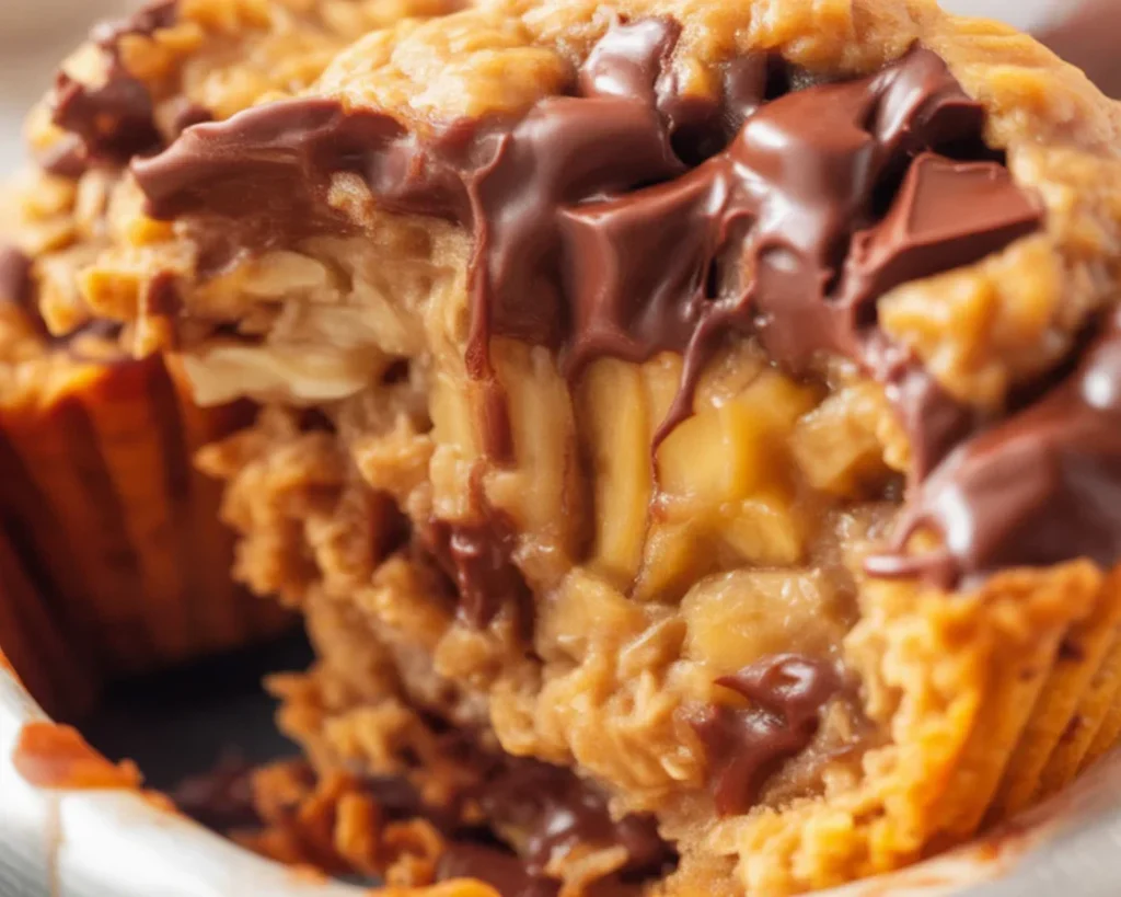 Owsiane muffiny z bananem i masłem orzechowym na talerzu.