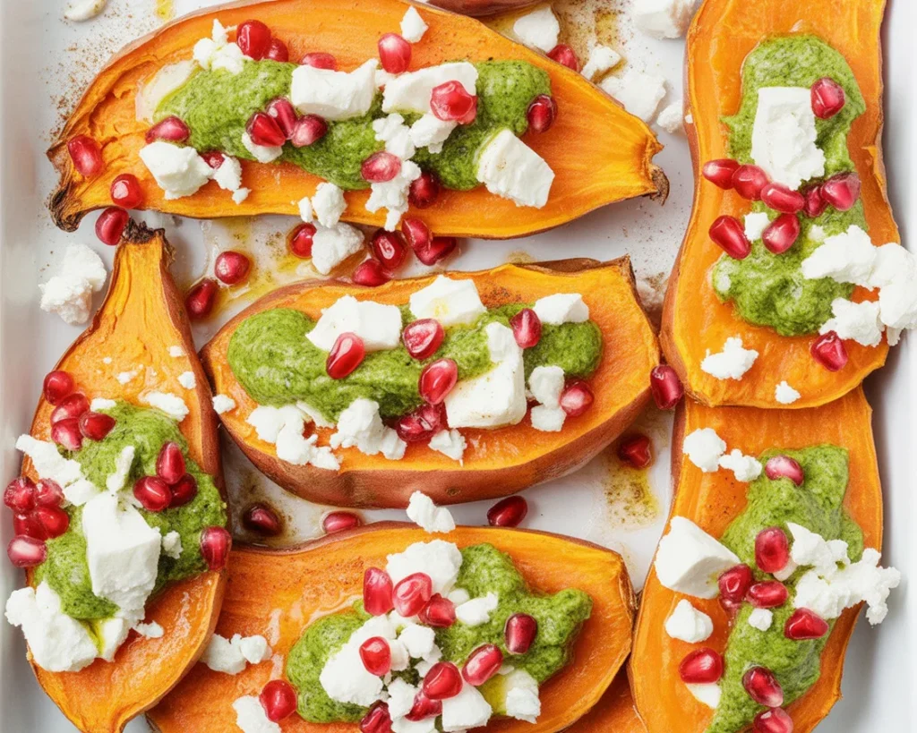 Pieczone bataty z fetą, pesto i granatem na talerzu, zdrowe danie wegetariańskie.