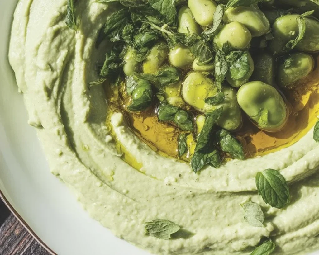 Hummus z bobu przygotowany z czosnkiem, oliwą i cytryną.