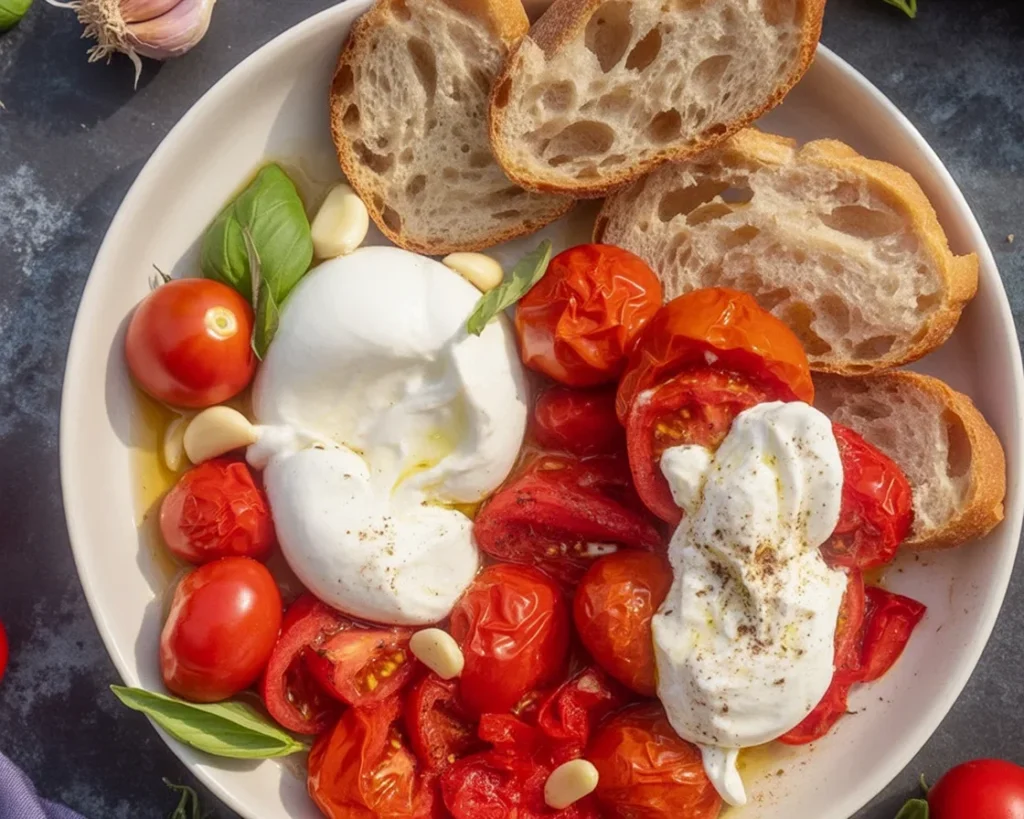 Pyszne pieczone pomidorki z burratą, czosnkiem i świeżą bazylią