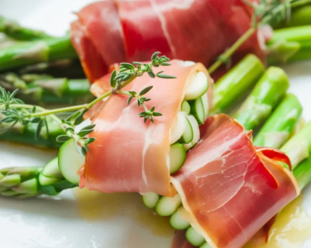 Szparagi zapiekane z szynką parmeńską i serem mozzarella, pyszne danie